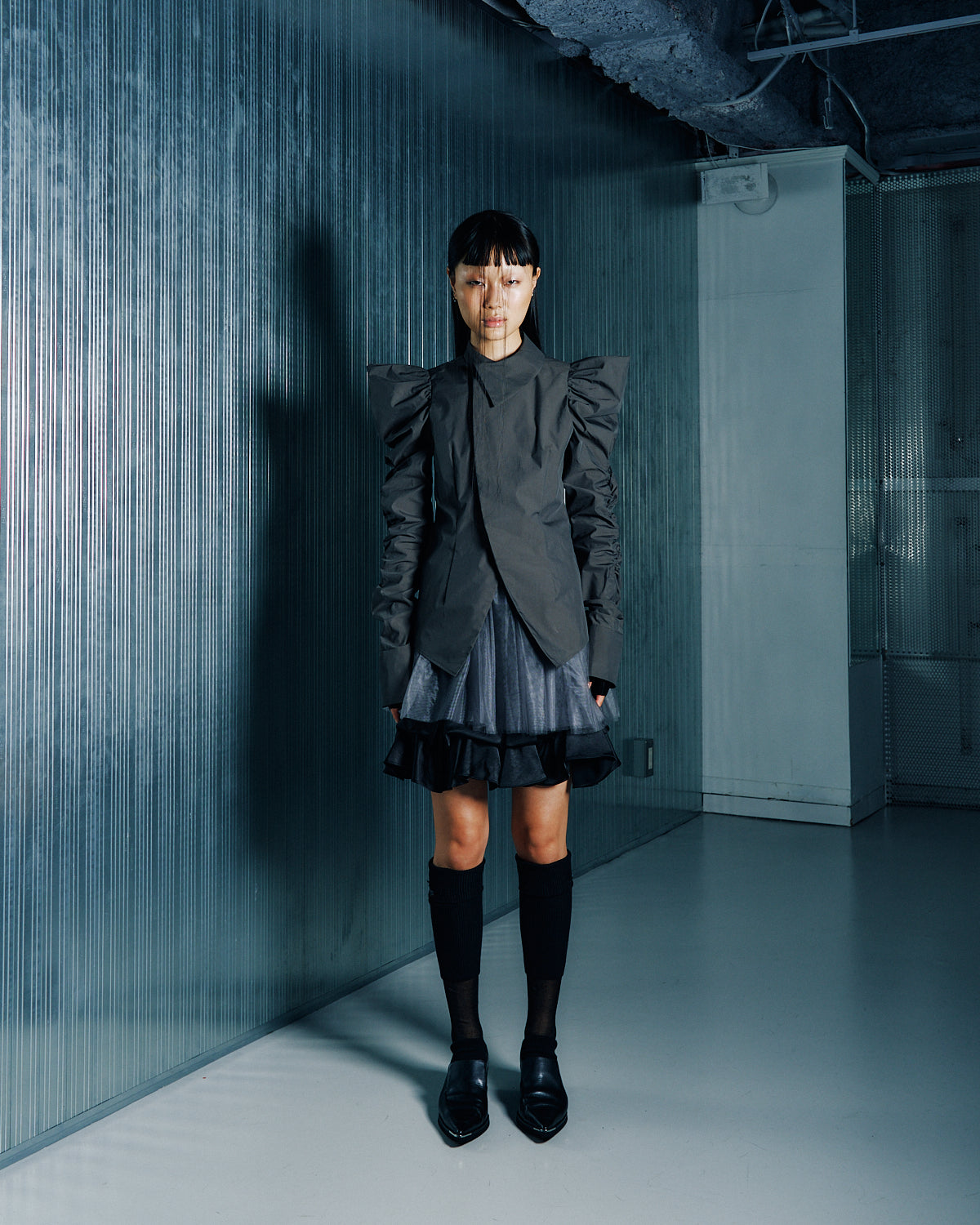 over collar puff-sleeve shirt (GRAY)