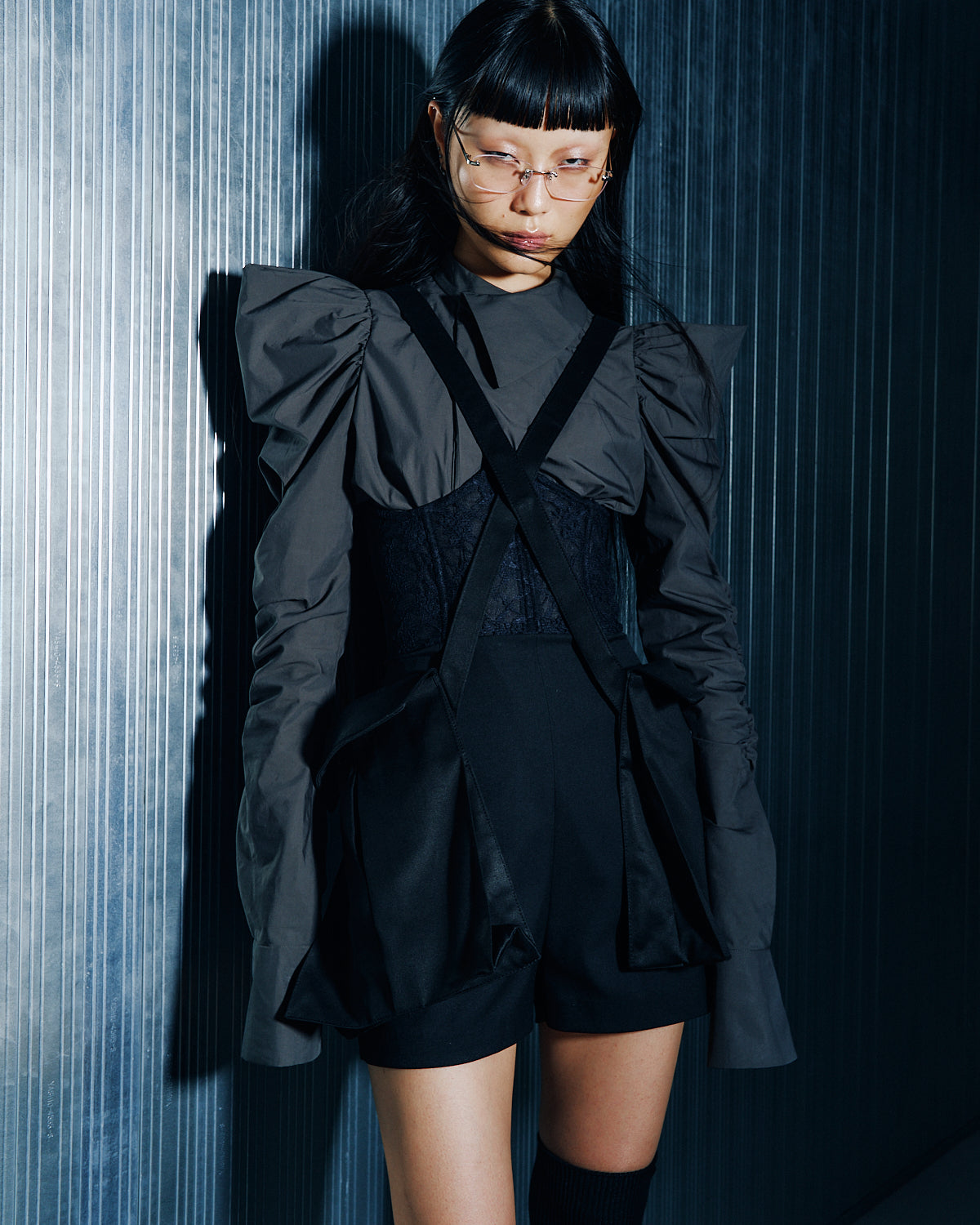 over collar puff-sleeve shirt (GRAY)